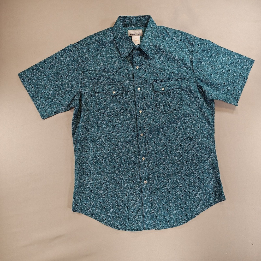 Wrangler Wrancher Western Shirt Mens Large Blue Paisley Pearl Snap MTW1328